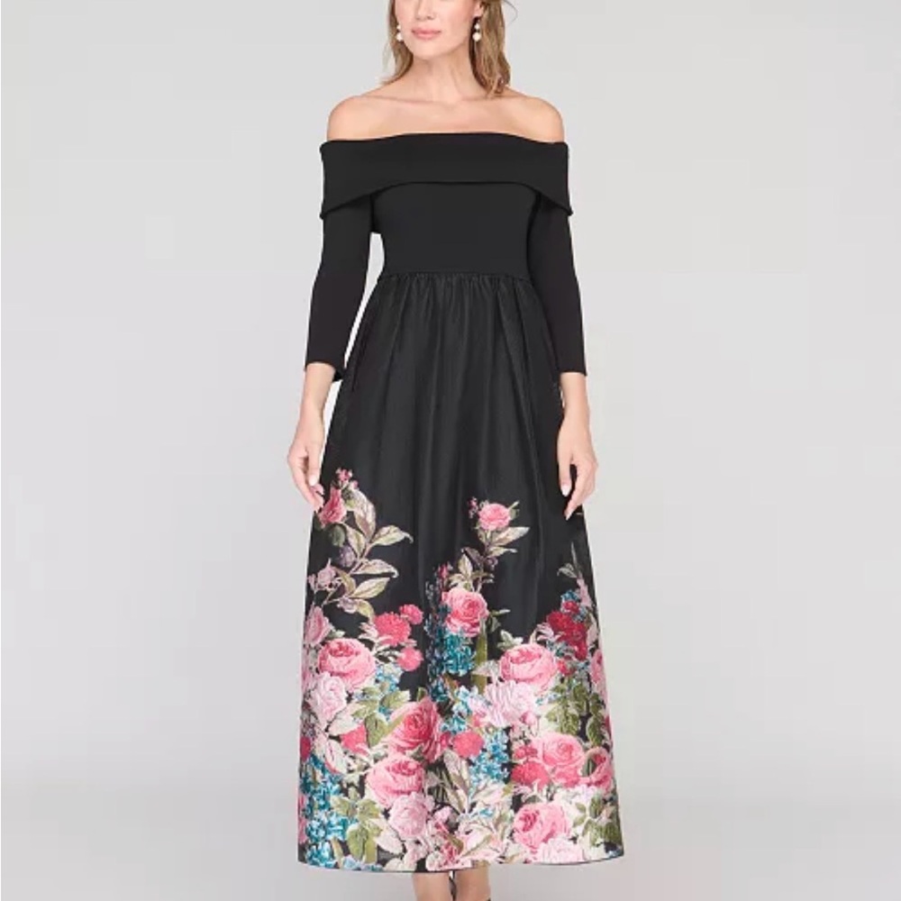 JS Collections Margaret Mixed Off-The-Shoulder Gown